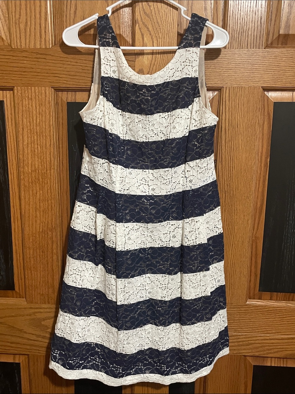 Robbie Bee Navy and White Lace Stripe Sundress